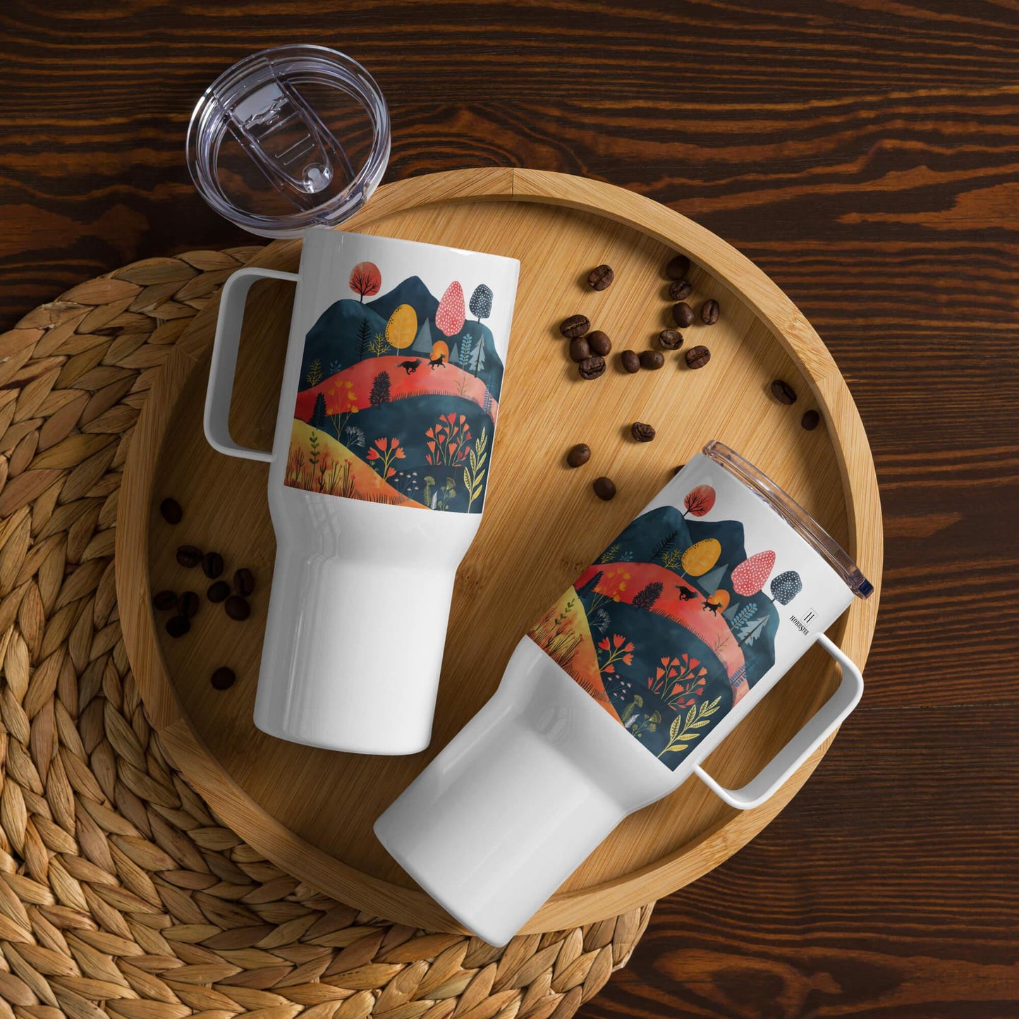 25 Oz Travel mug with a Handle - Cottage Core Style Dogs Running Free - Hobbster