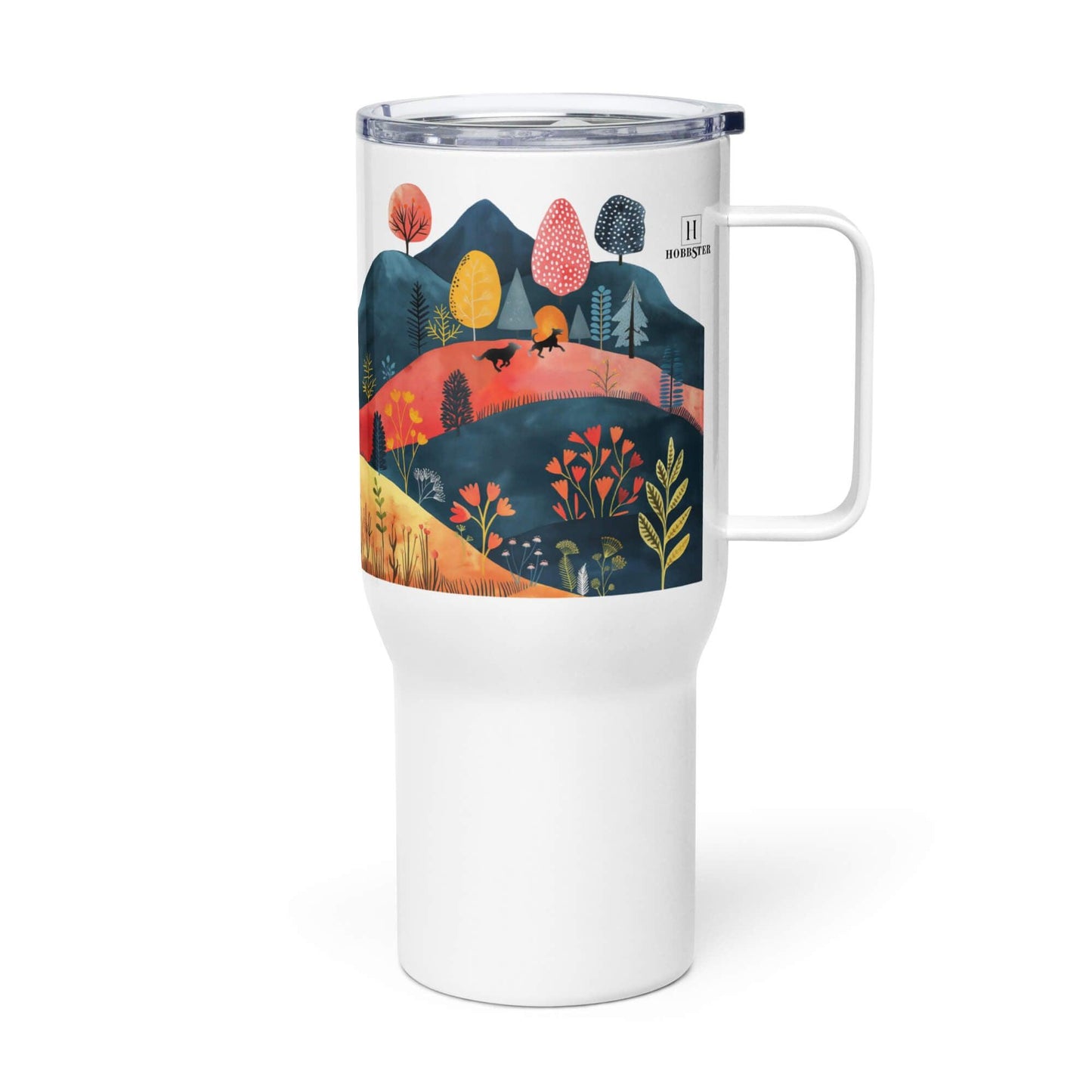 25 Oz Travel mug with a Handle - Cottage Core Style Dogs Running Free - Hobbster