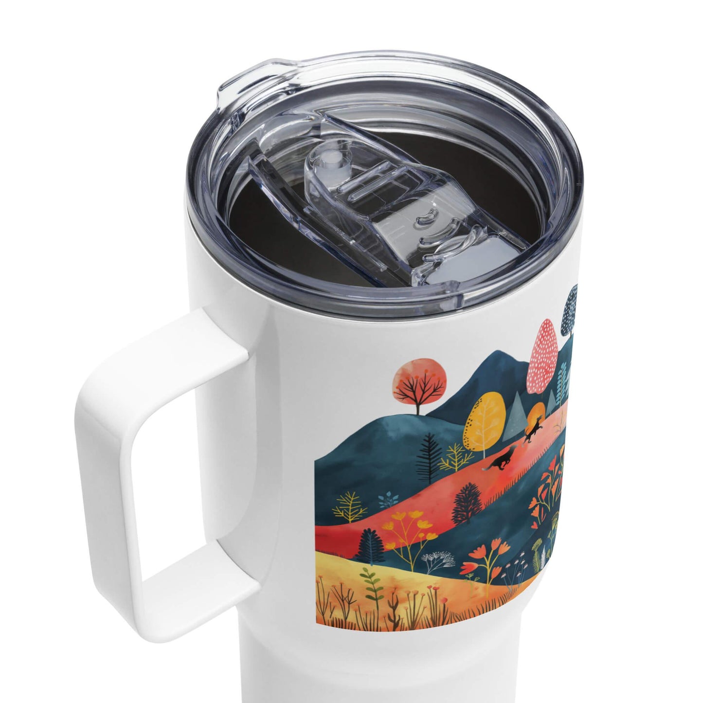 25 Oz Travel mug with a Handle - Cottage Core Style Dogs Running Free - Hobbster