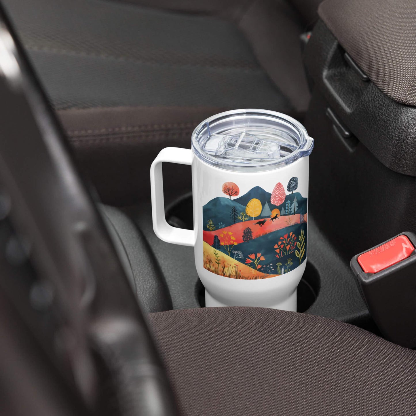 25 Oz Travel mug with a Handle - Cottage Core Style Dogs Running Free - Hobbster