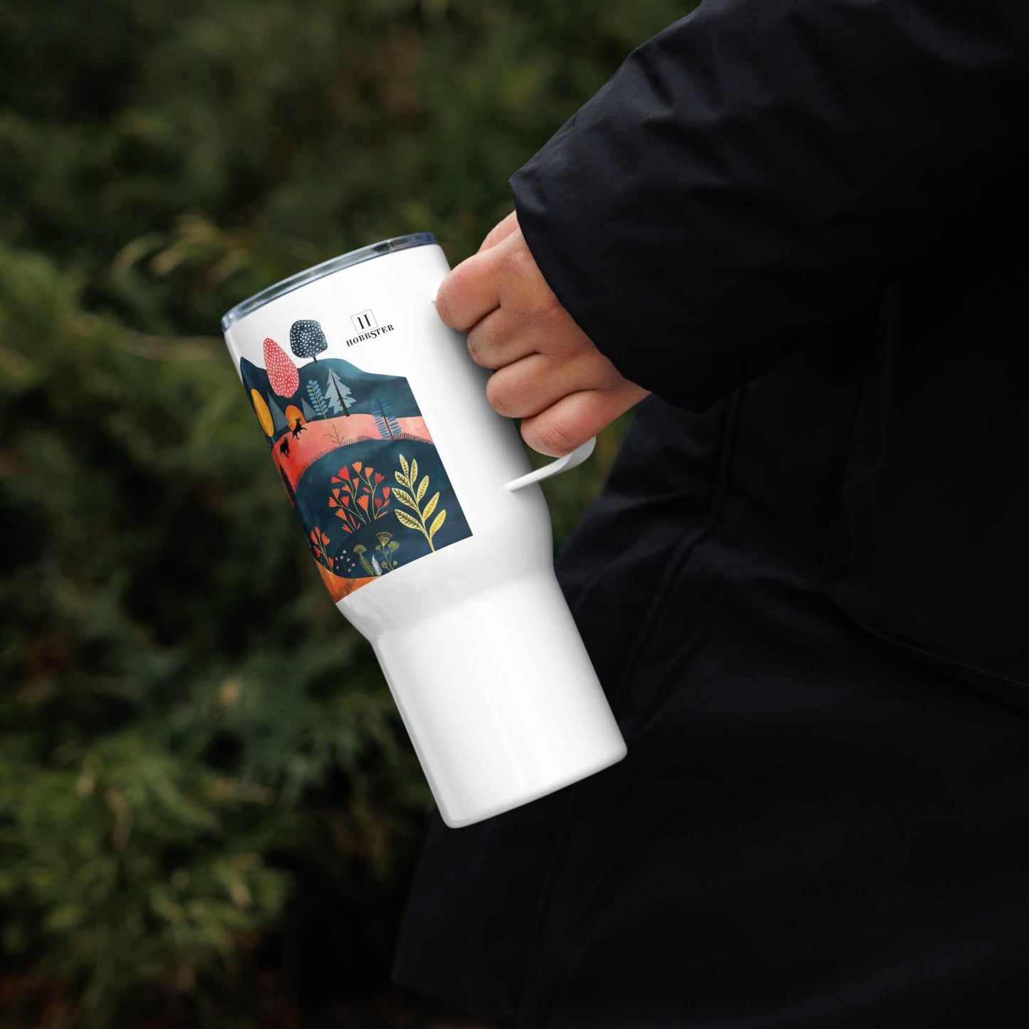 25 Oz Travel mug with a Handle - Cottage Core Style Dogs Running Free - Hobbster