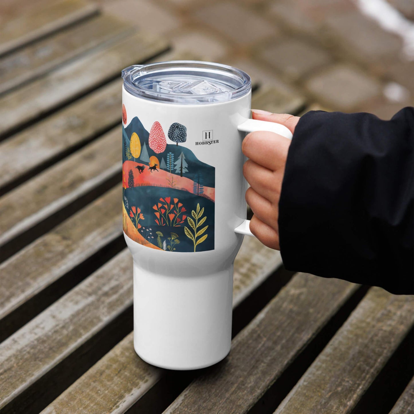 25 Oz Travel mug with a Handle - Cottage Core Style Dogs Running Free - Hobbster