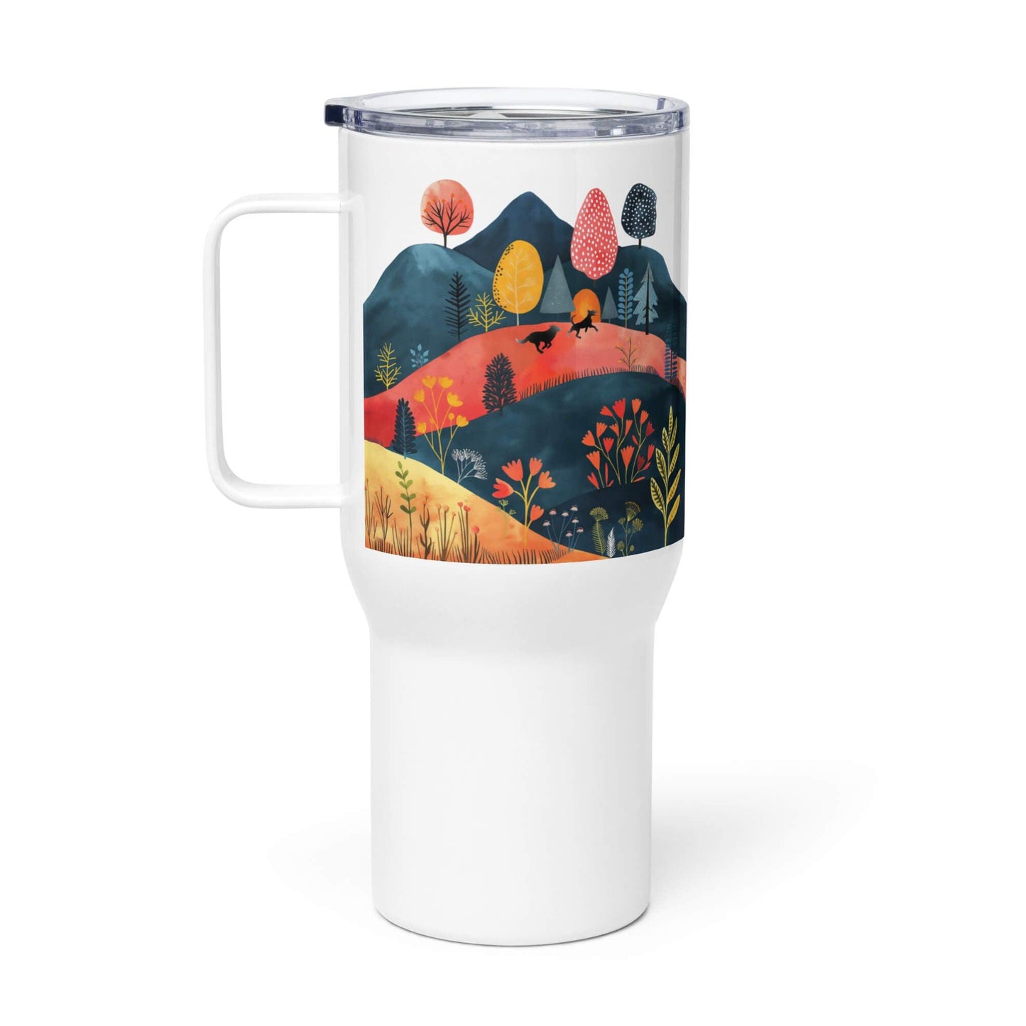 25 Oz Travel mug with a Handle - Cottage Core Style Dogs Running Free - Hobbster