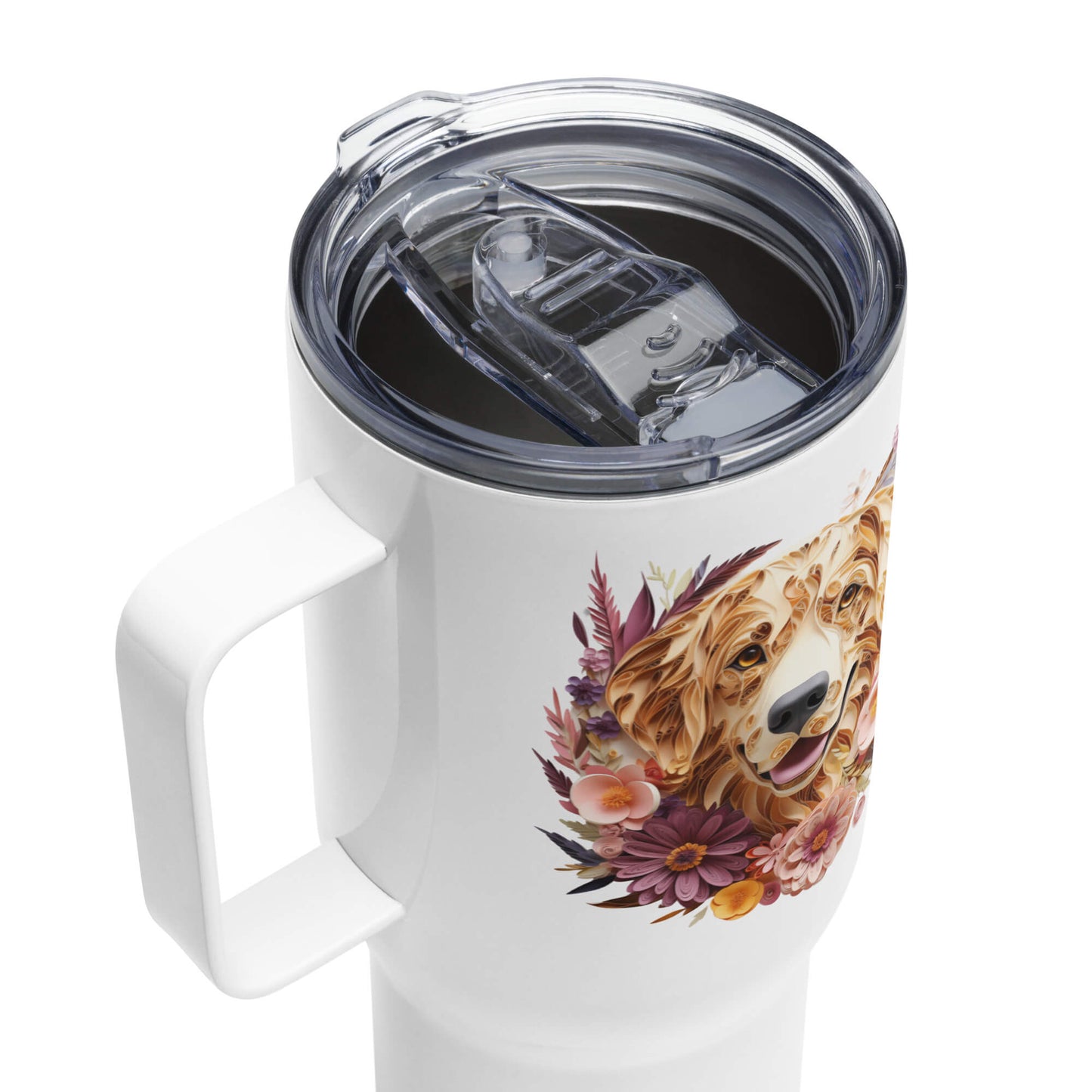 25oz Travel Mug with a Handle - Golden Retriever Paper Quilling Design - Hobbster