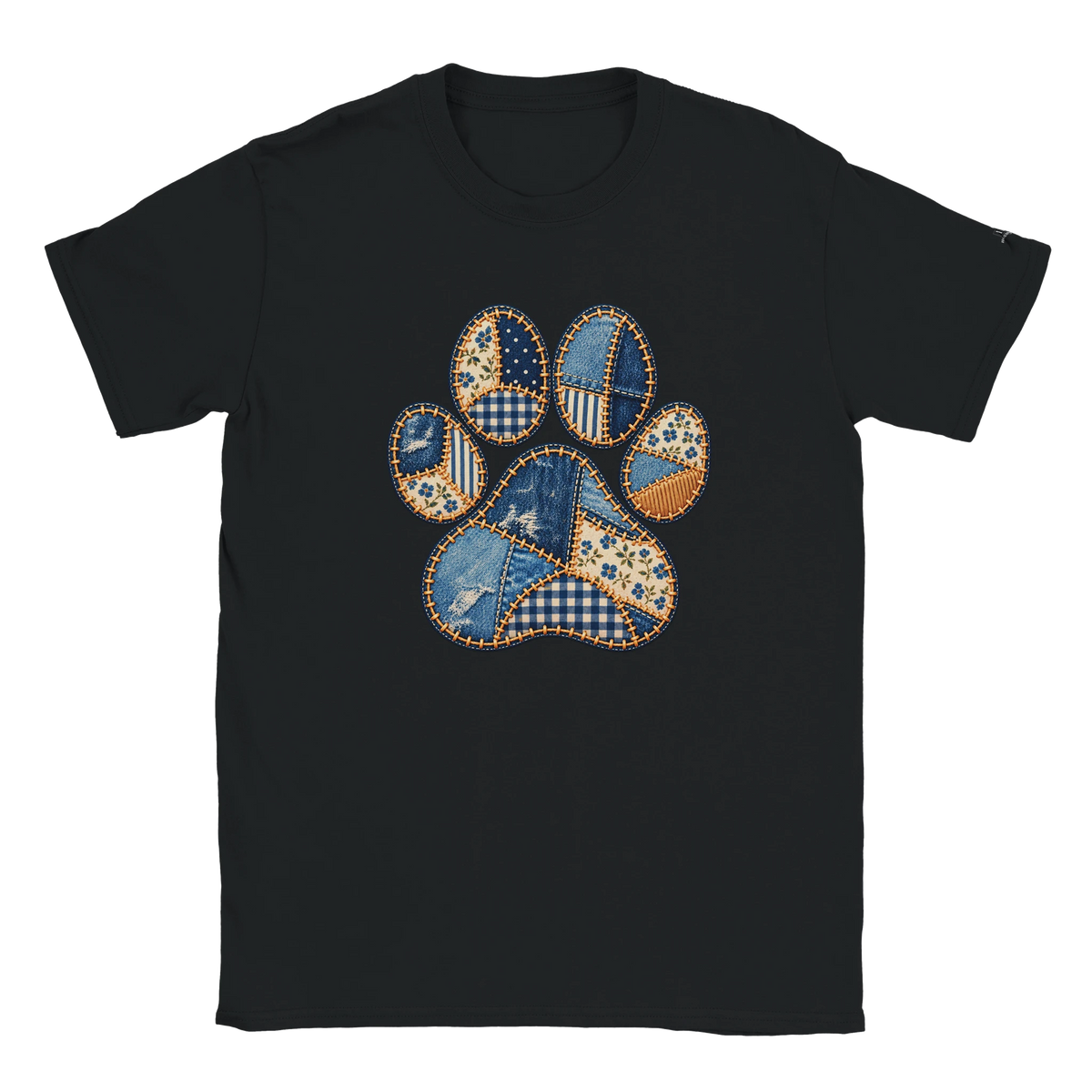 Faux Patchwork Club Women's T-shirt in Black with a patchwork paw print