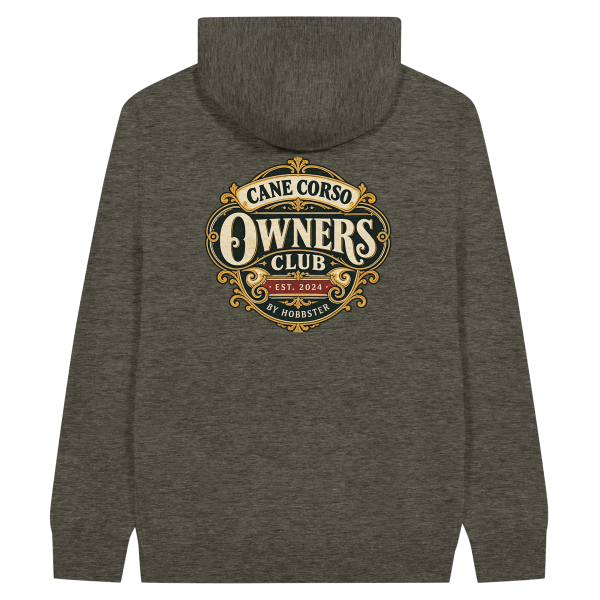Cane Corso Owners Club men's zip hoodie in Charcoal Heather, back view with the Cane Corso crest