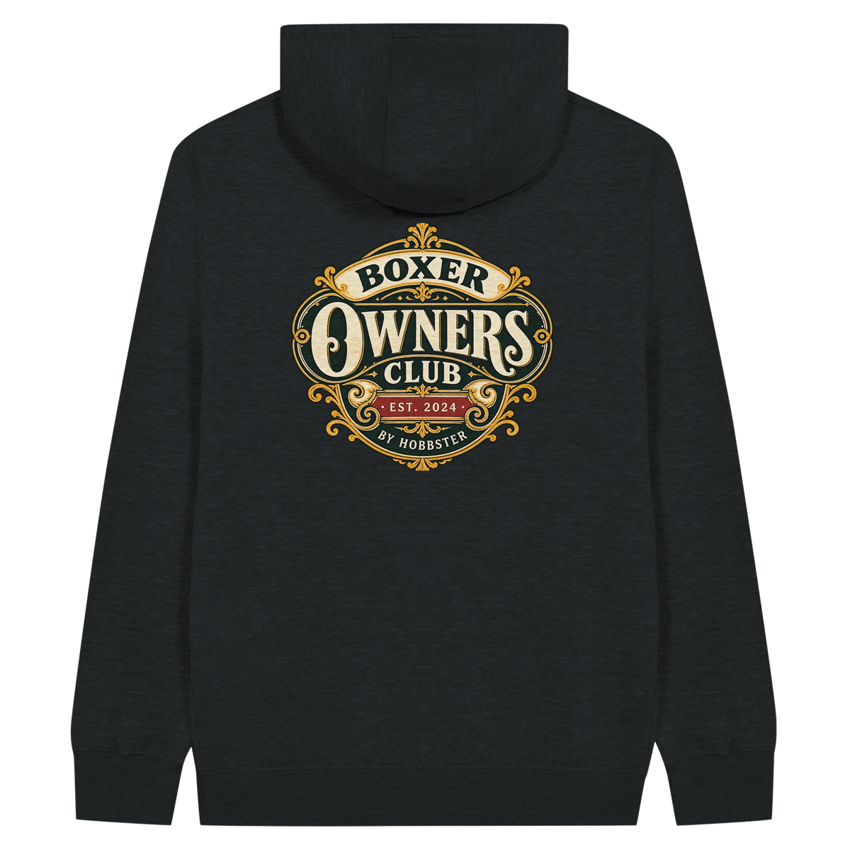 Boxer Owners Club men's zip hoodie in Black, back view with the Boxer crest