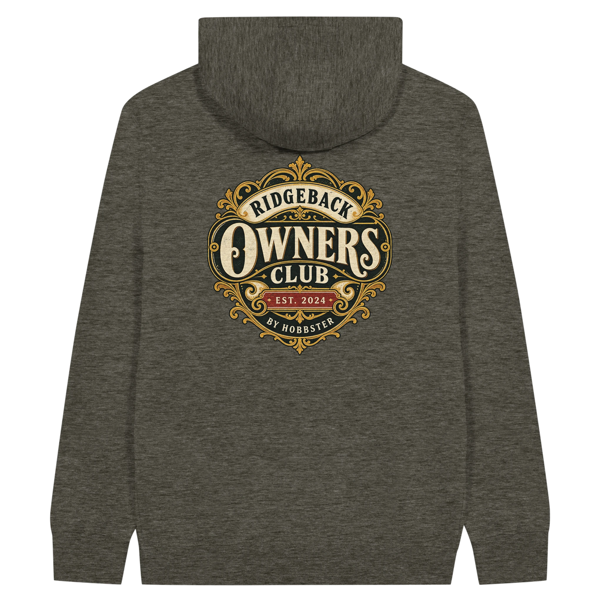 Rhodesian Ridgeback Owners Club men's zip hoodie in Charcoal Heather, back view with the Rhodesian Ridgeback crest