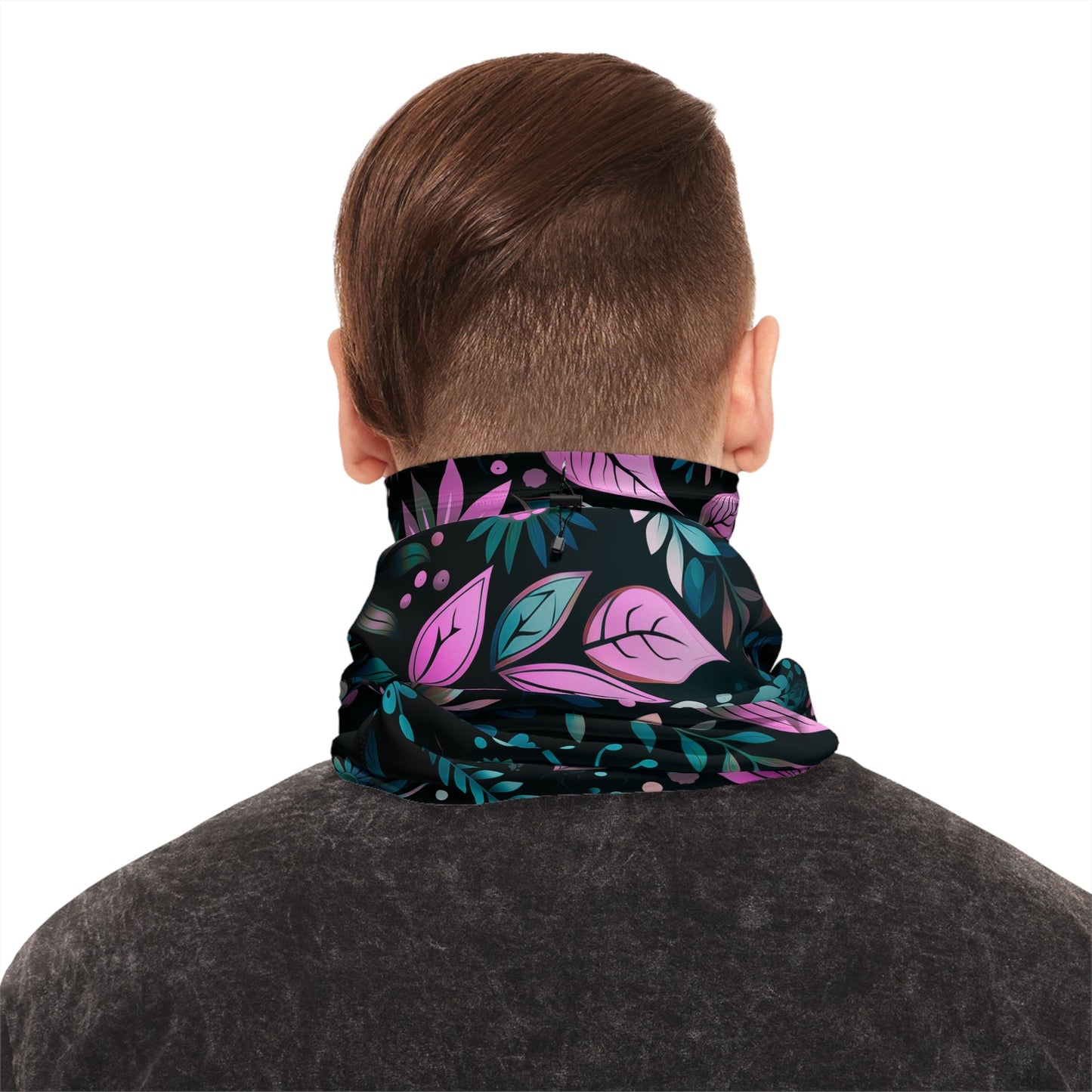 Black Winter Neck Gaiter With Drawstring featuring unique green/pink floral design - Hobbster