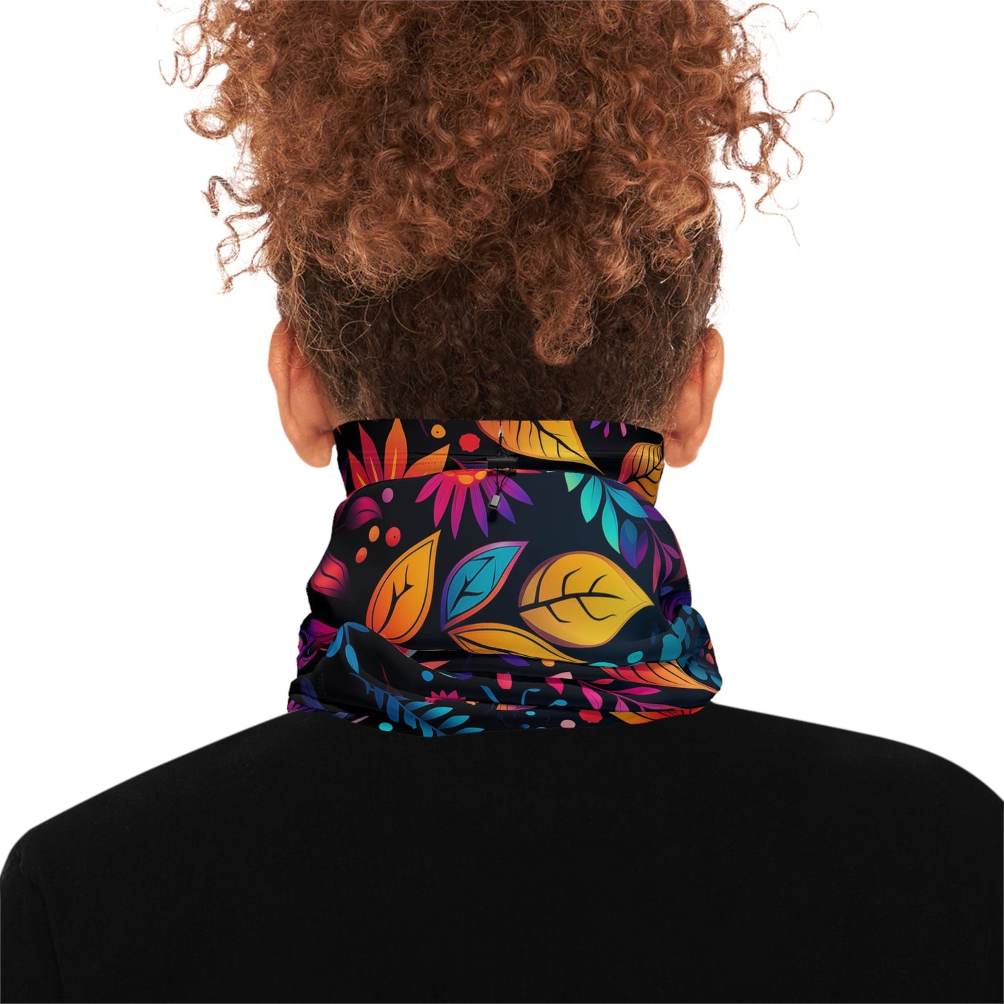 Black Winter Neck Gaiter With Drawstring featuring unique multicolour floral design - Hobbster