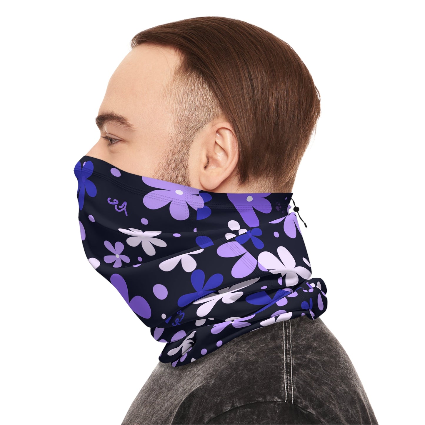 Blue Winter Neck Gaiter With Drawstring featuring unique blue/purple boho flower design - Hobbster