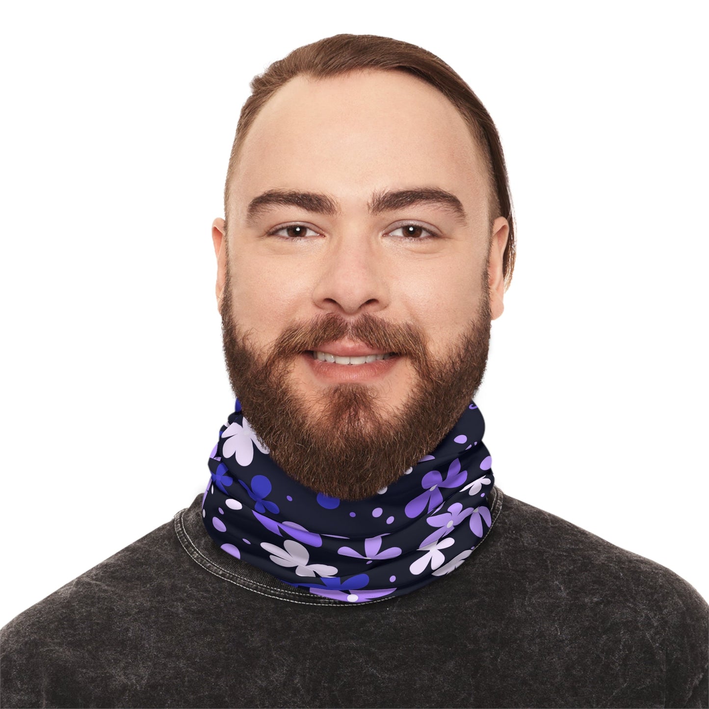 Blue Winter Neck Gaiter With Drawstring featuring unique blue/purple boho flower design - Hobbster