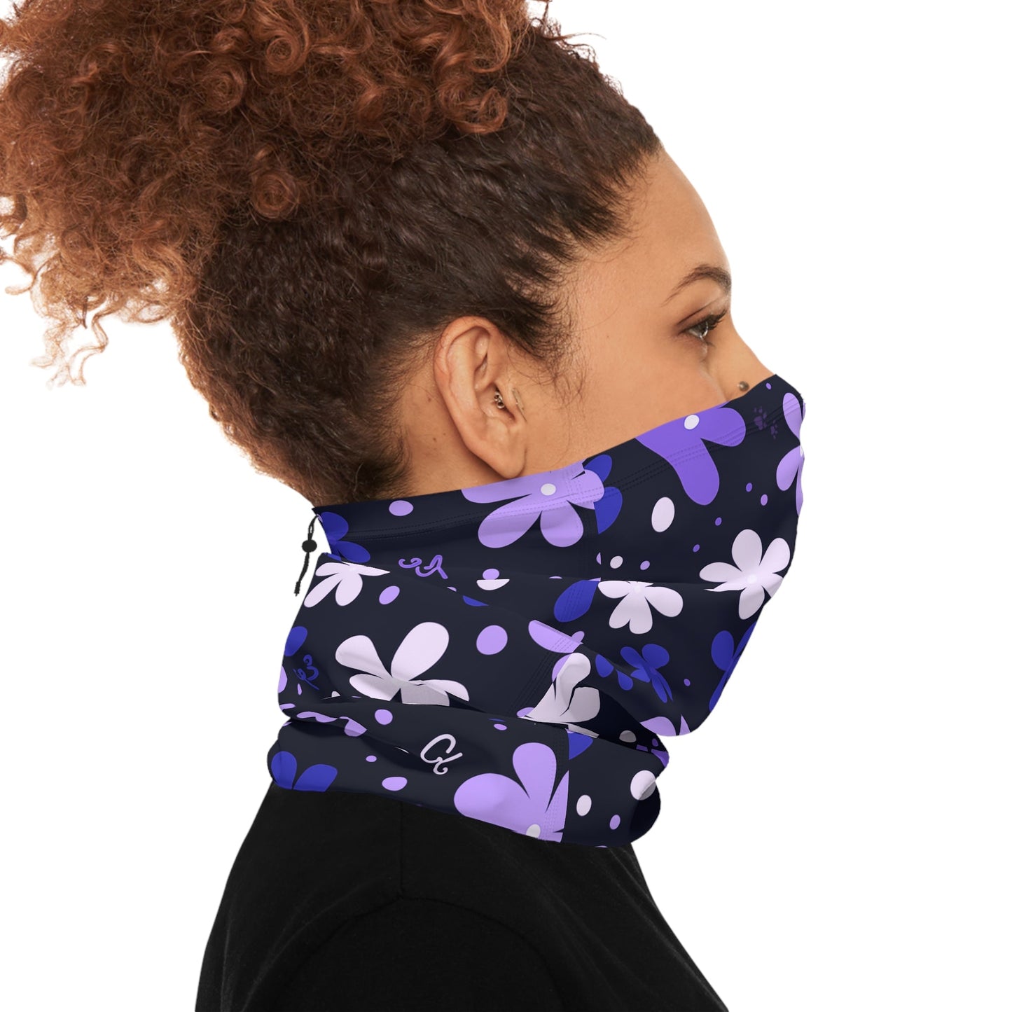 Blue Winter Neck Gaiter With Drawstring featuring unique blue/purple boho flower design - Hobbster