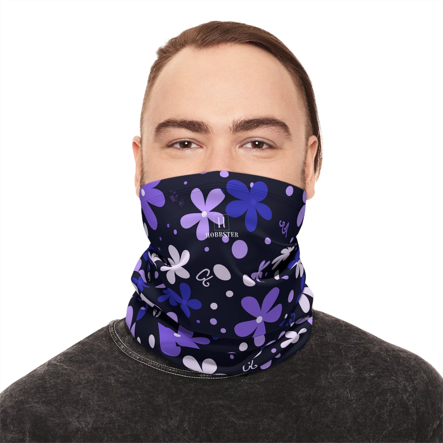 Blue Winter Neck Gaiter With Drawstring featuring unique blue/purple boho flower design - Hobbster