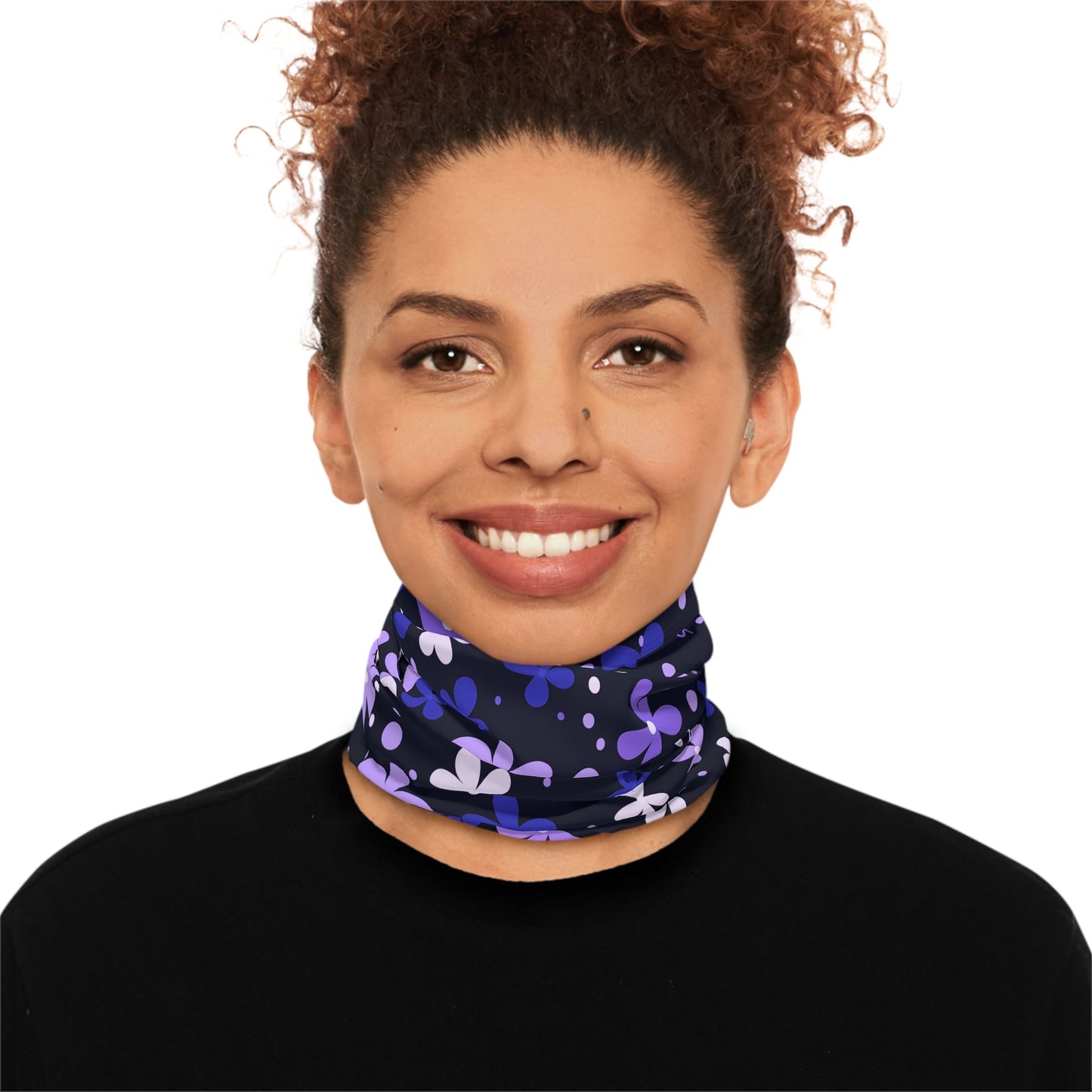 Blue Winter Neck Gaiter With Drawstring featuring unique blue/purple boho flower design - Hobbster