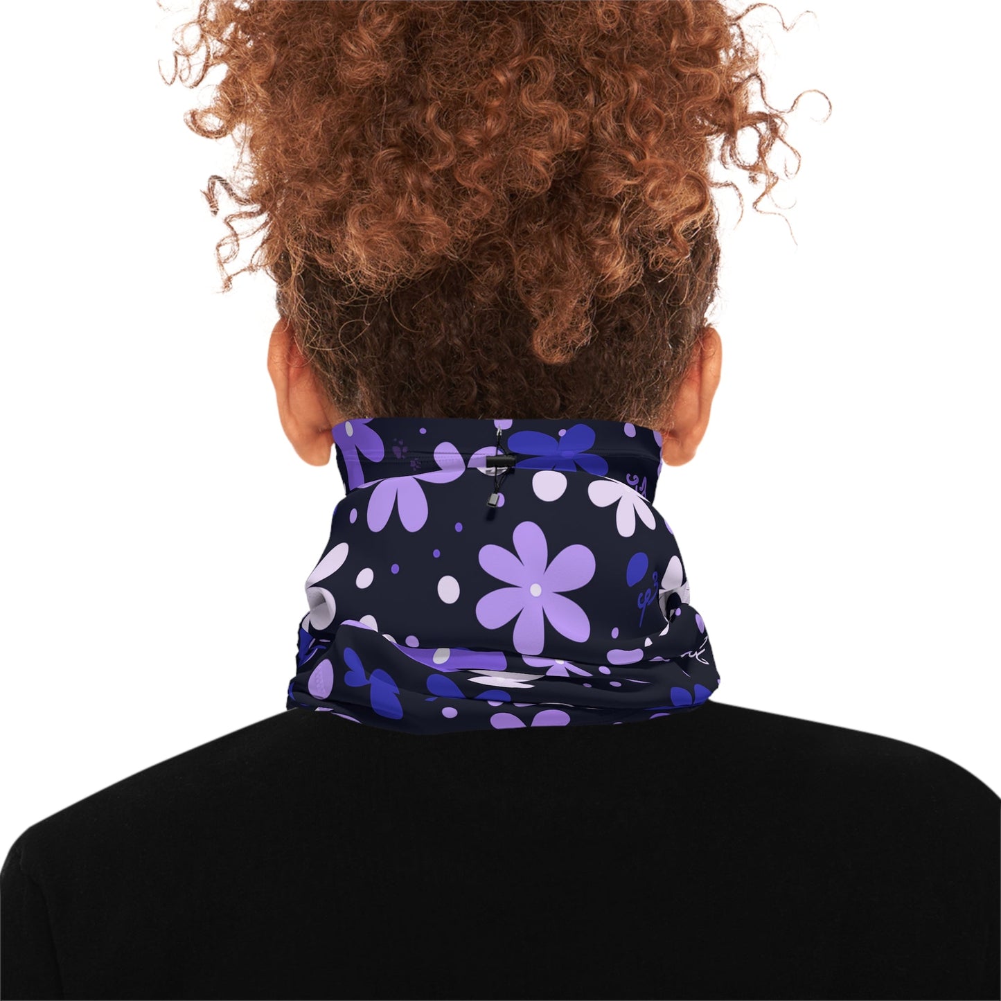 Blue Winter Neck Gaiter With Drawstring featuring unique blue/purple boho flower design - Hobbster