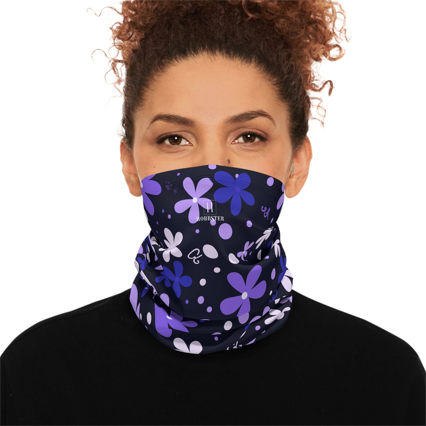 Blue Winter Neck Gaiter With Drawstring featuring unique blue/purple boho flower design - Hobbster