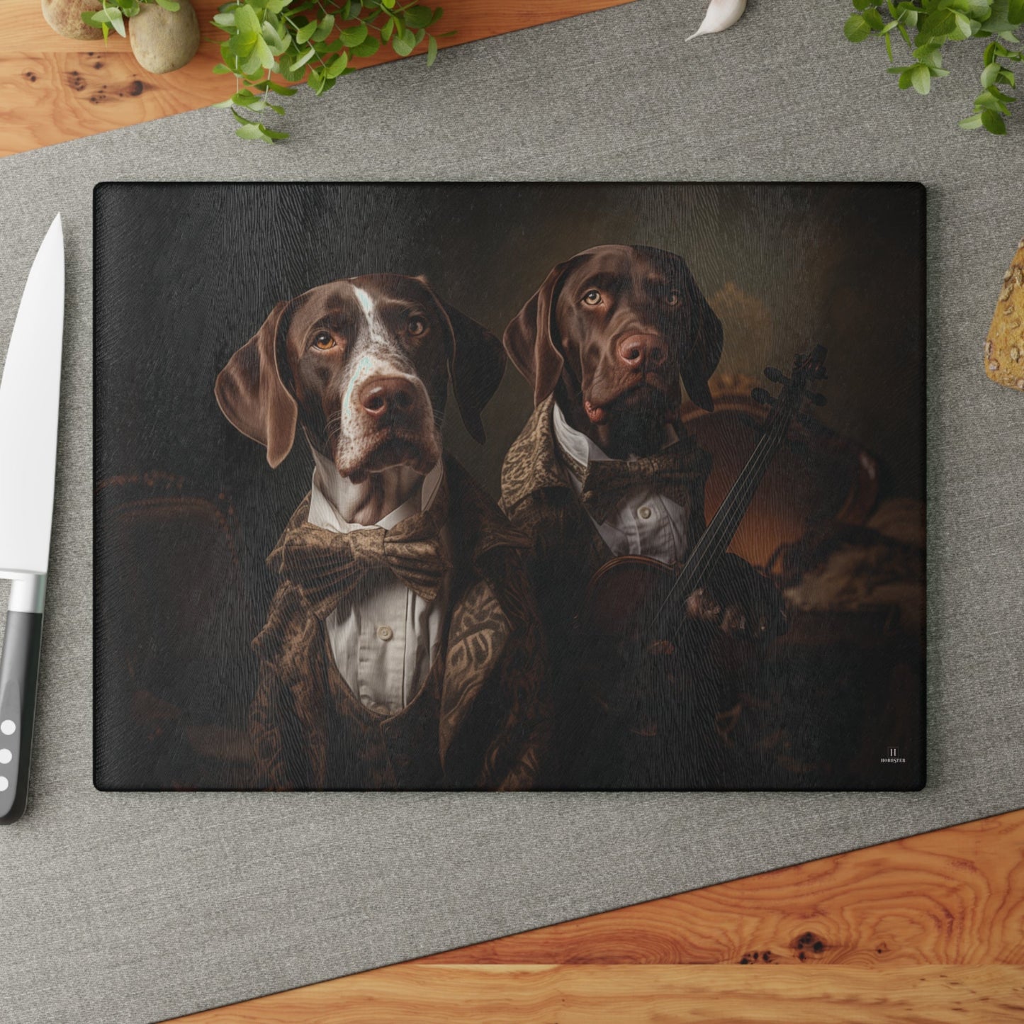 Custom design Glass Cutting Board featuring vintage German Short Haired Pointer dog design - Hobbster