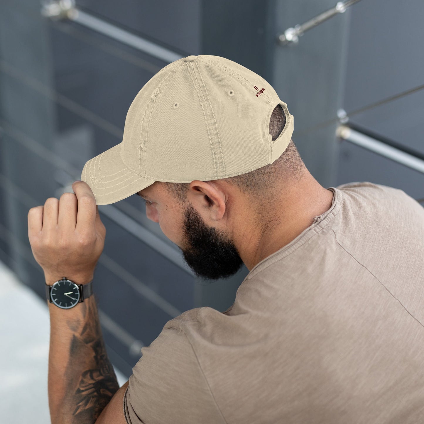 Distressed Dad Hat featuring embroidered Boxer dog logo - Hobbster