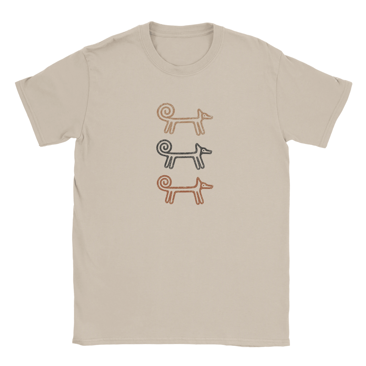 Sand-coloured Dog Totem women's T-shirt with three stacked folk-art dogs
