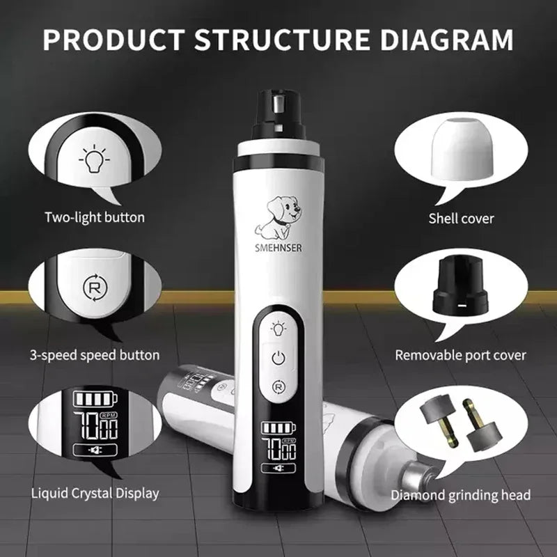 Electric Pet Nail Grinder LED Light Cat Dogs Nail Clippers USB Rechargeable Paws Nail Cutter Grooming Trimmer Pet Supplies -