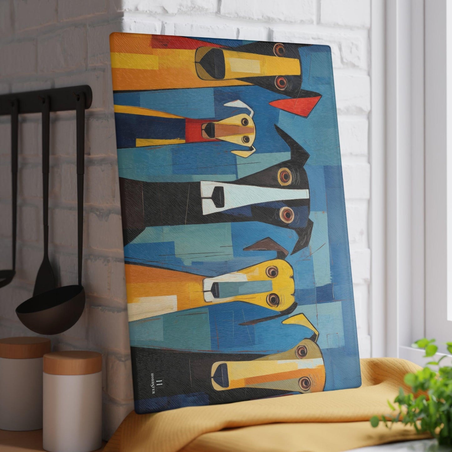 Glass Cutting Board Featuring The Original Dog Pack Design - Hobbster