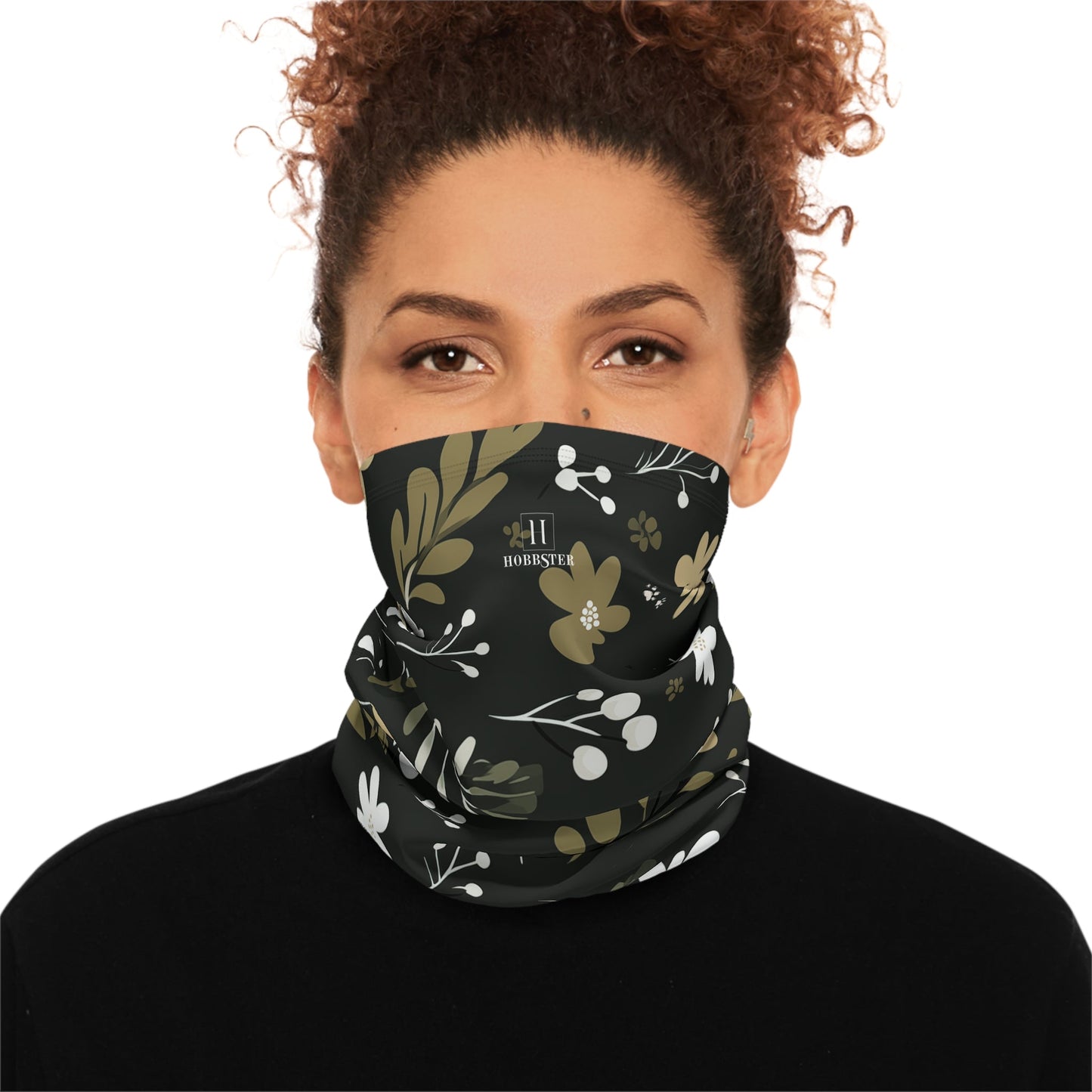 Green Winter Neck Gaiter With Drawstring featuring unique boho plant design - Hobbster
