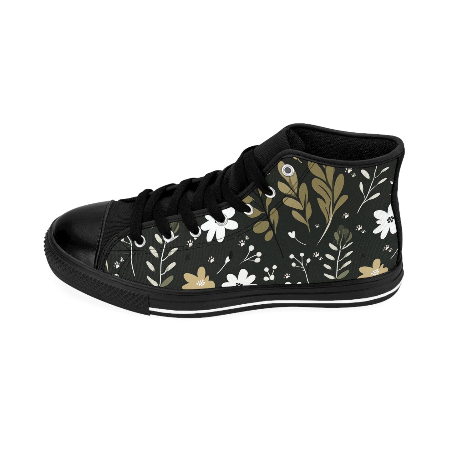 Men's Classic Sneakers featuring a Green Boho Flowers and Paw Print Design - Hobbster