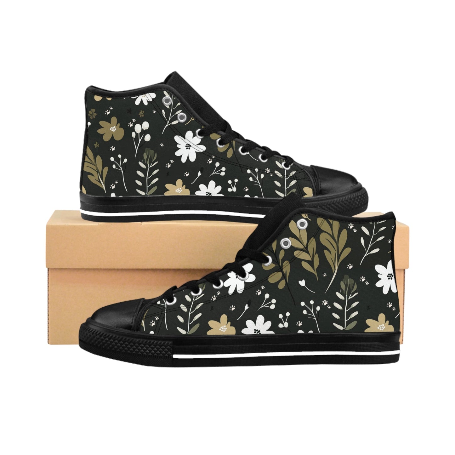 Men's Classic Sneakers featuring a Green Boho Flowers and Paw Print Design - Hobbster