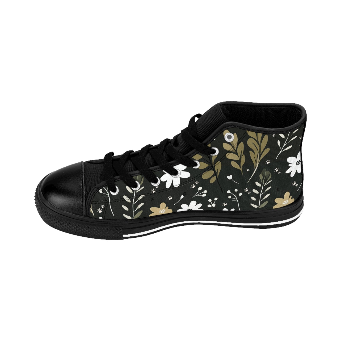 Men's Classic Sneakers featuring a Green Boho Flowers and Paw Print Design - Hobbster
