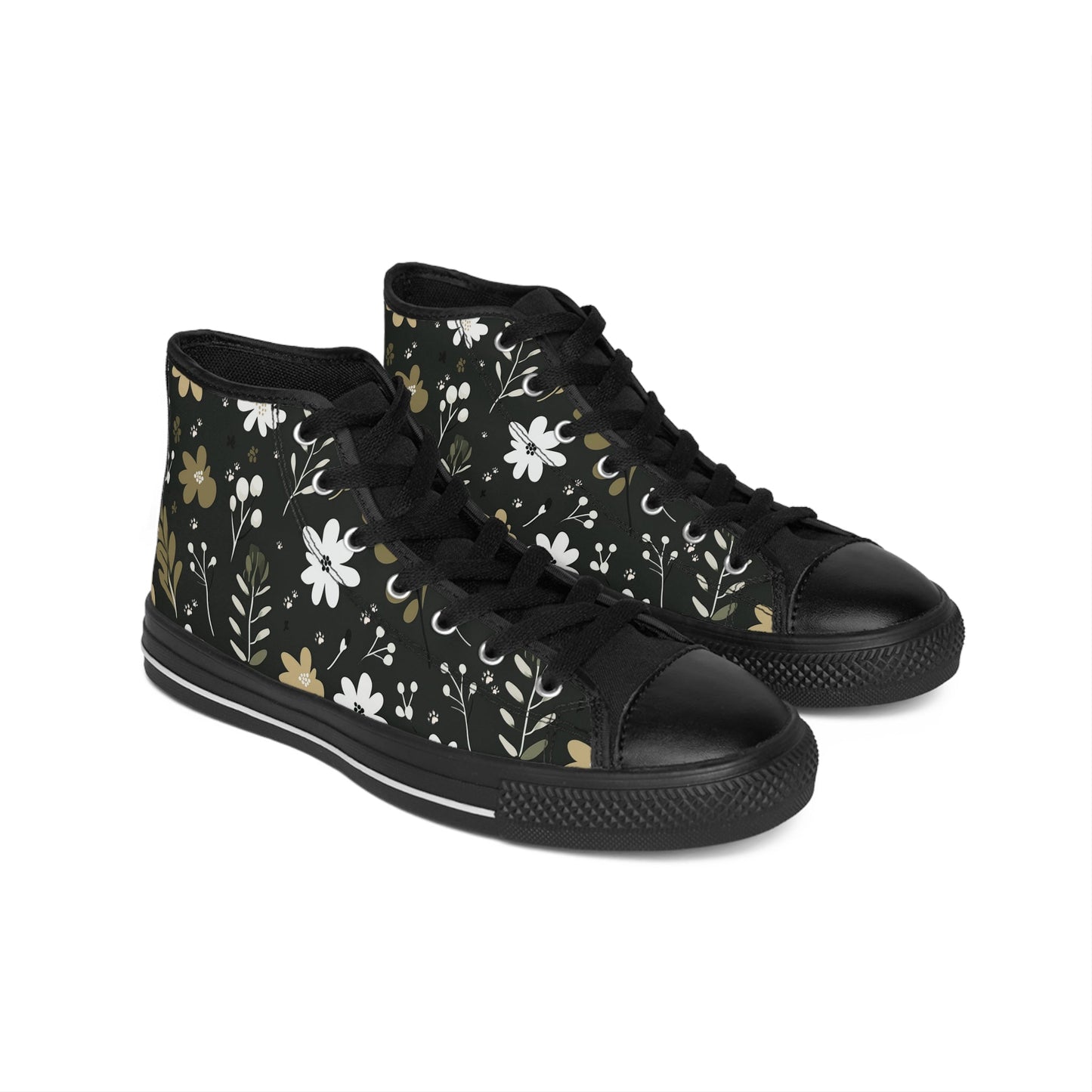 Men's Classic Sneakers featuring a Green Boho Flowers and Paw Print Design - Hobbster