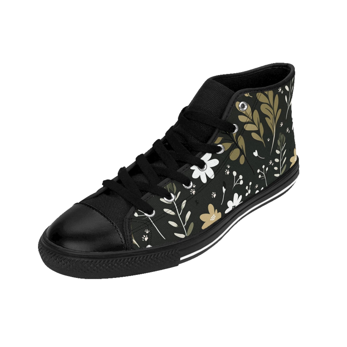 Men's Classic Sneakers featuring a Green Boho Flowers and Paw Print Design - Hobbster