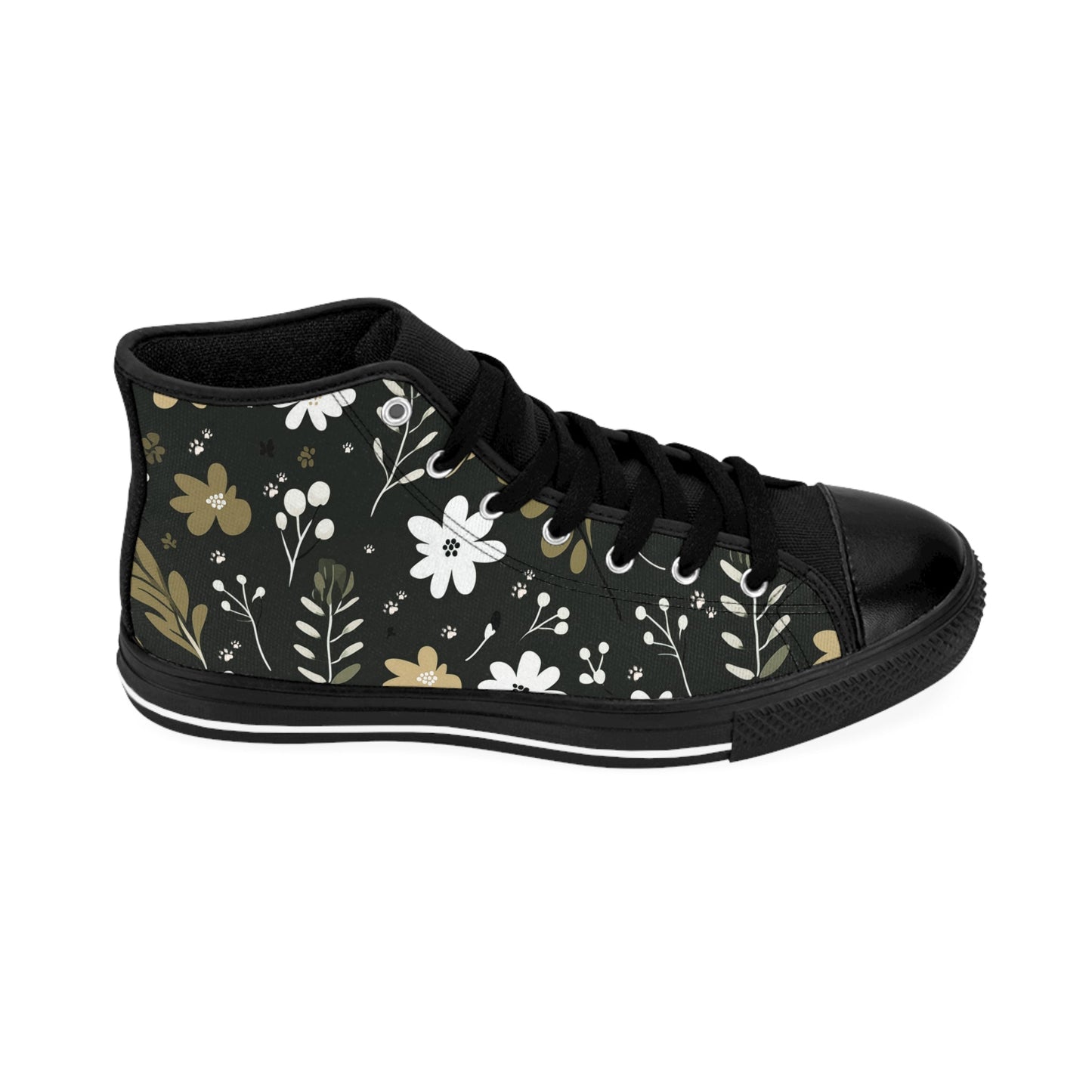 Men's Classic Sneakers featuring a Green Boho Flowers and Paw Print Design - Hobbster