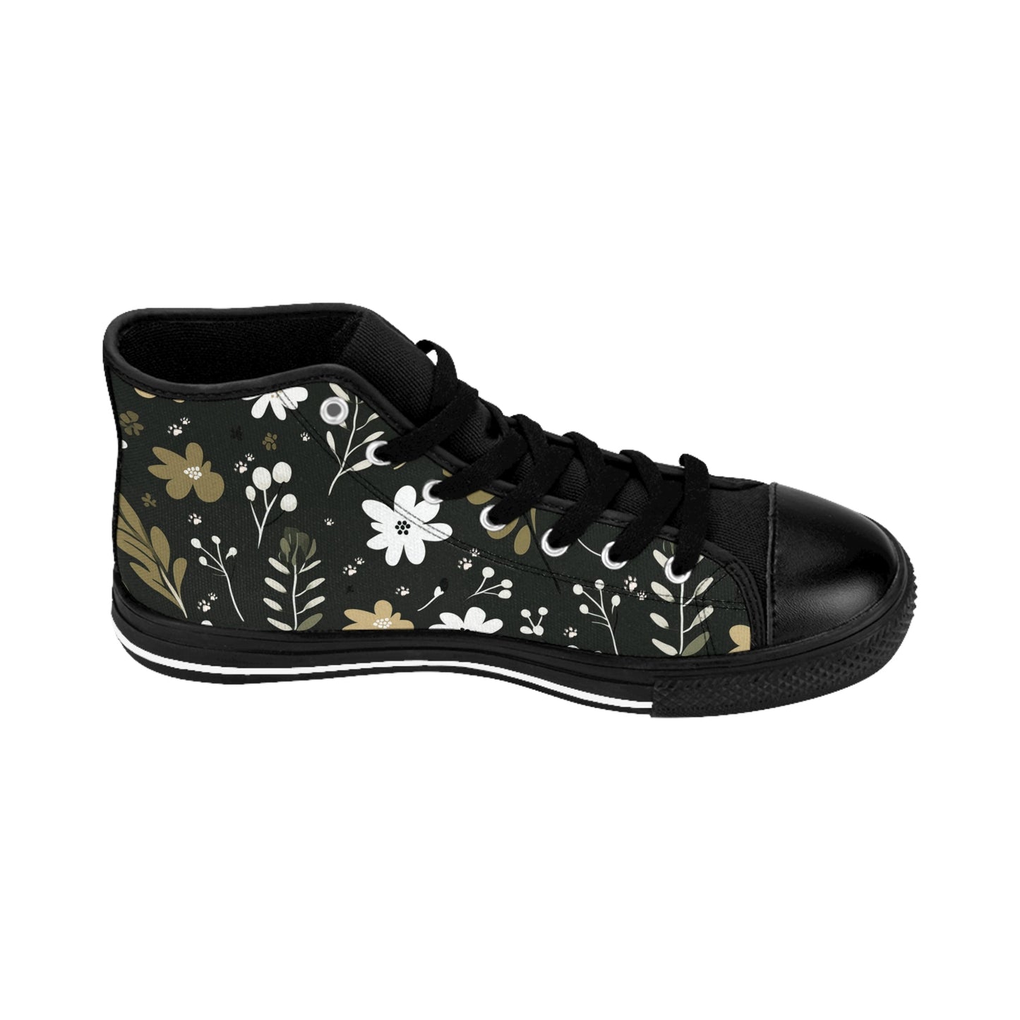 Men's Classic Sneakers featuring a Green Boho Flowers and Paw Print Design - Hobbster