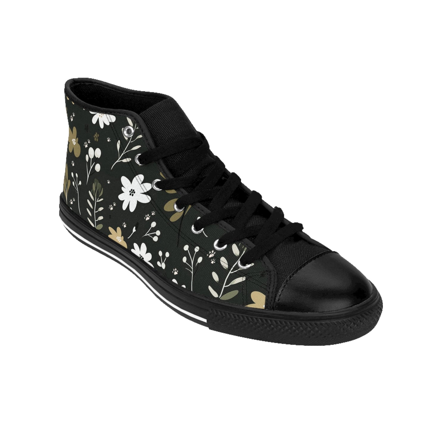 Men's Classic Sneakers featuring a Green Boho Flowers and Paw Print Design - Hobbster
