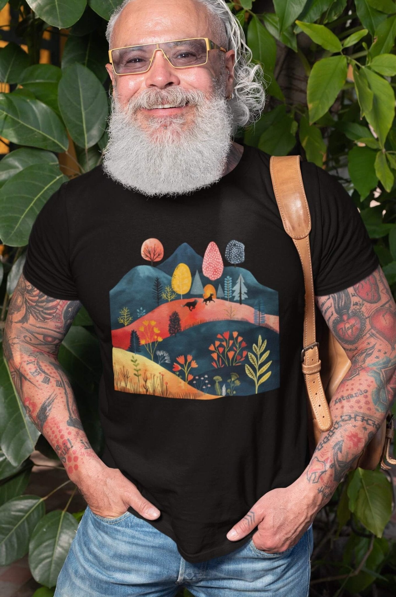 Men's Crewneck T-shirt featuring Cottage Core Style Dogs Running Free Design - Hobbster