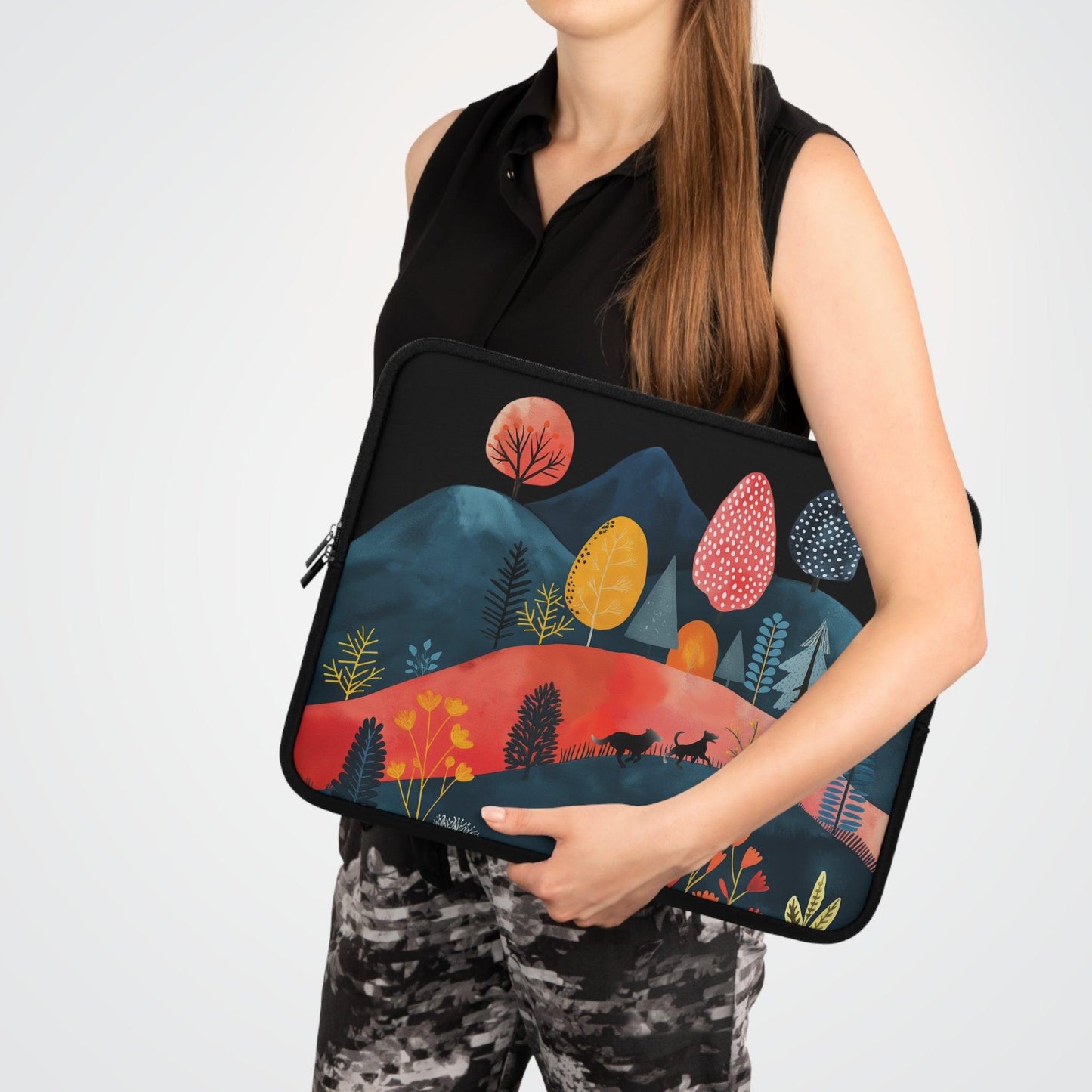 Neoprene Laptop Sleeve featuring Cottage Core Dogs Running Free Design - Hobbster