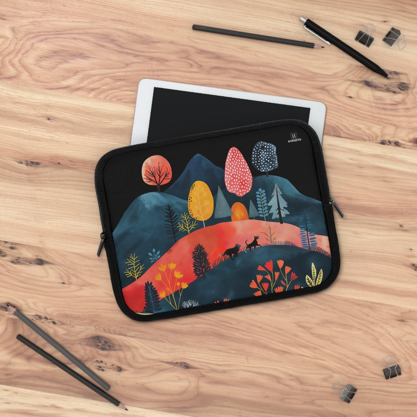 Neoprene Laptop Sleeve featuring Cottage Core Dogs Running Free Design - Hobbster