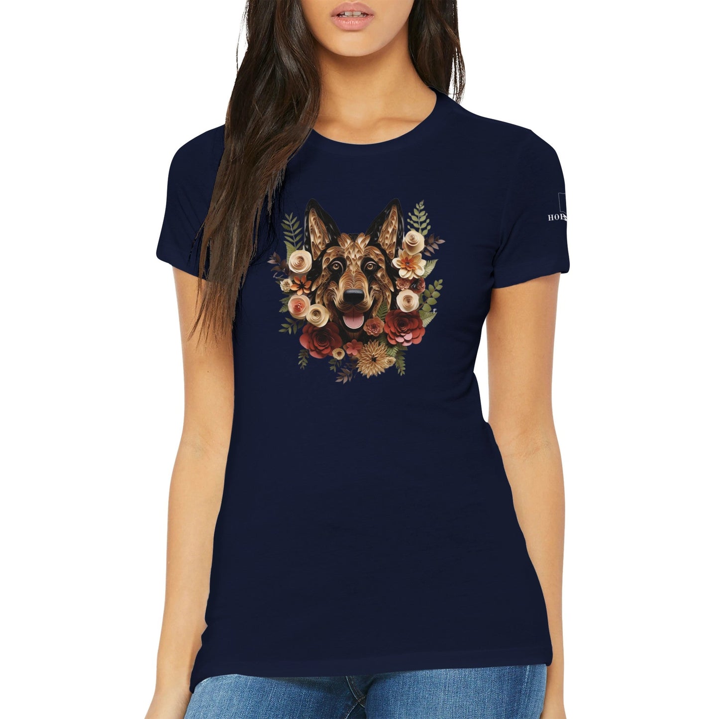 Premium Women's Crewneck T-shirt with a German Shepherd Paper Quilling Design - Hobbster
