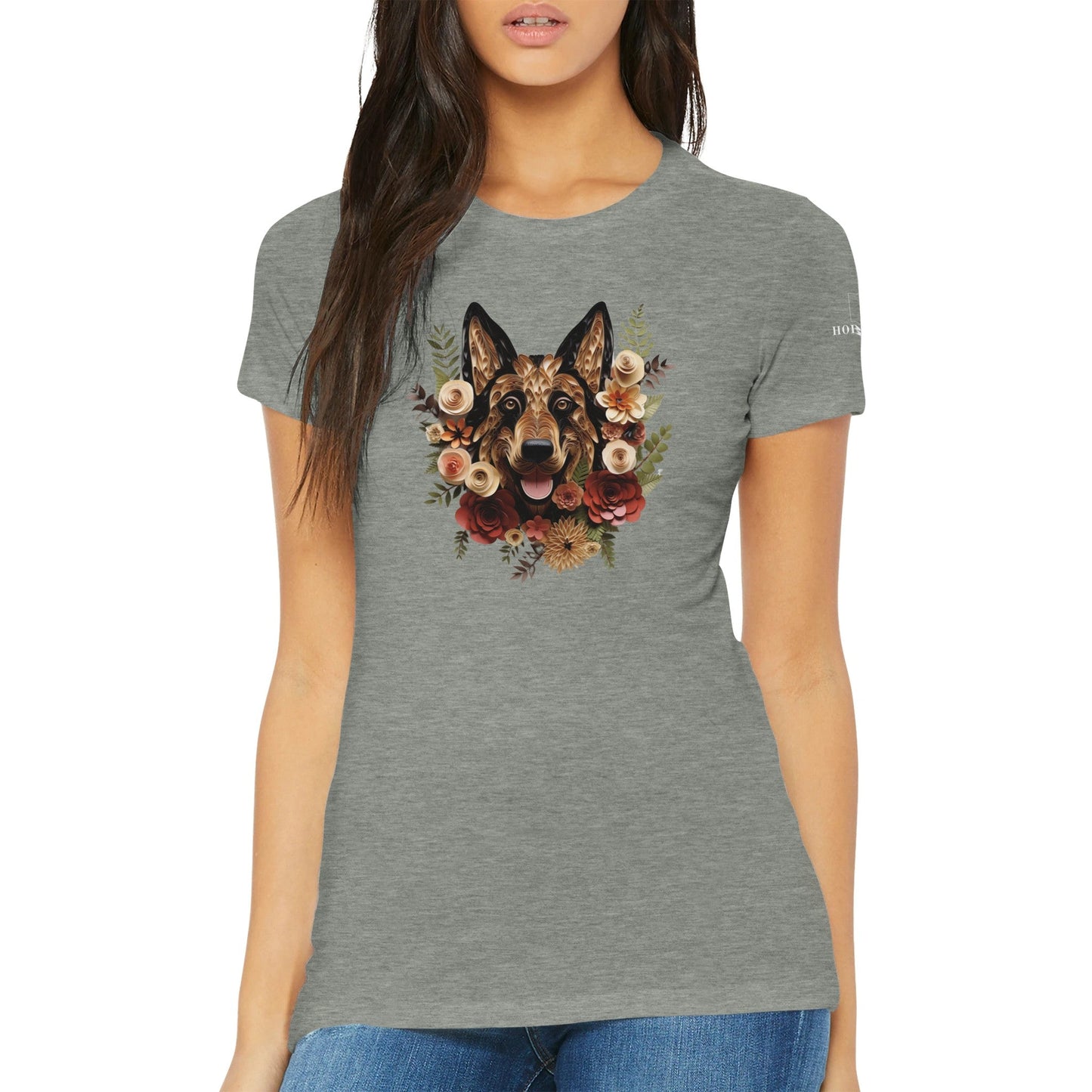 Premium Women's Crewneck T-shirt with a German Shepherd Paper Quilling Design - Hobbster