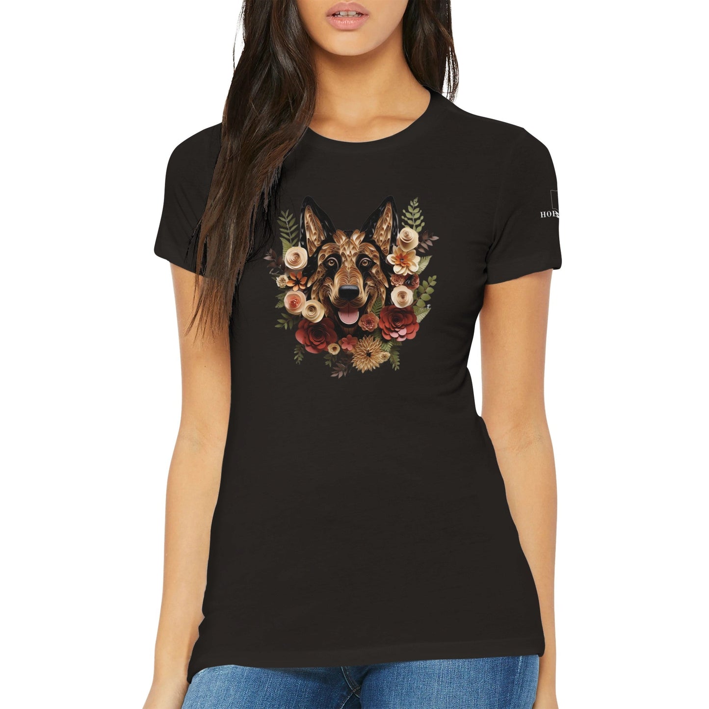 Premium Women's Crewneck T-shirt with a German Shepherd Paper Quilling Design - Hobbster