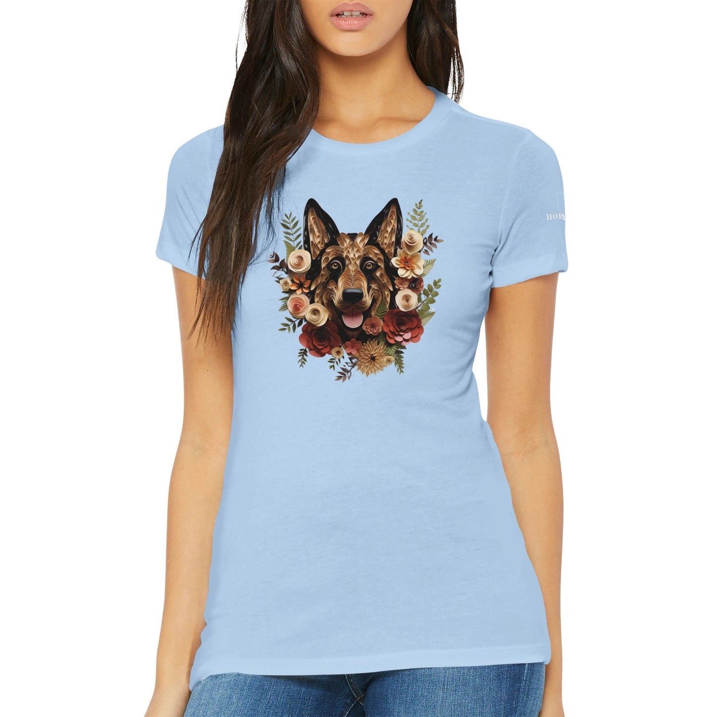 Premium Women's Crewneck T-shirt with a German Shepherd Paper Quilling Design - Hobbster