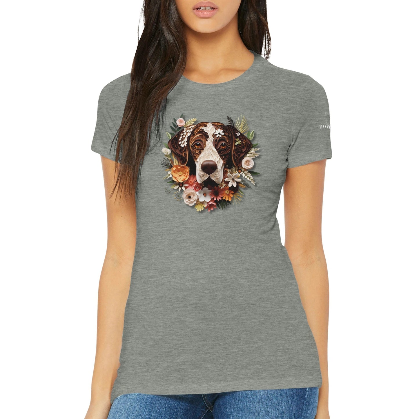 Premium Women's Crewneck T-shirt with a German Short Haired Pointer Paper Quilling Design - Hobbster