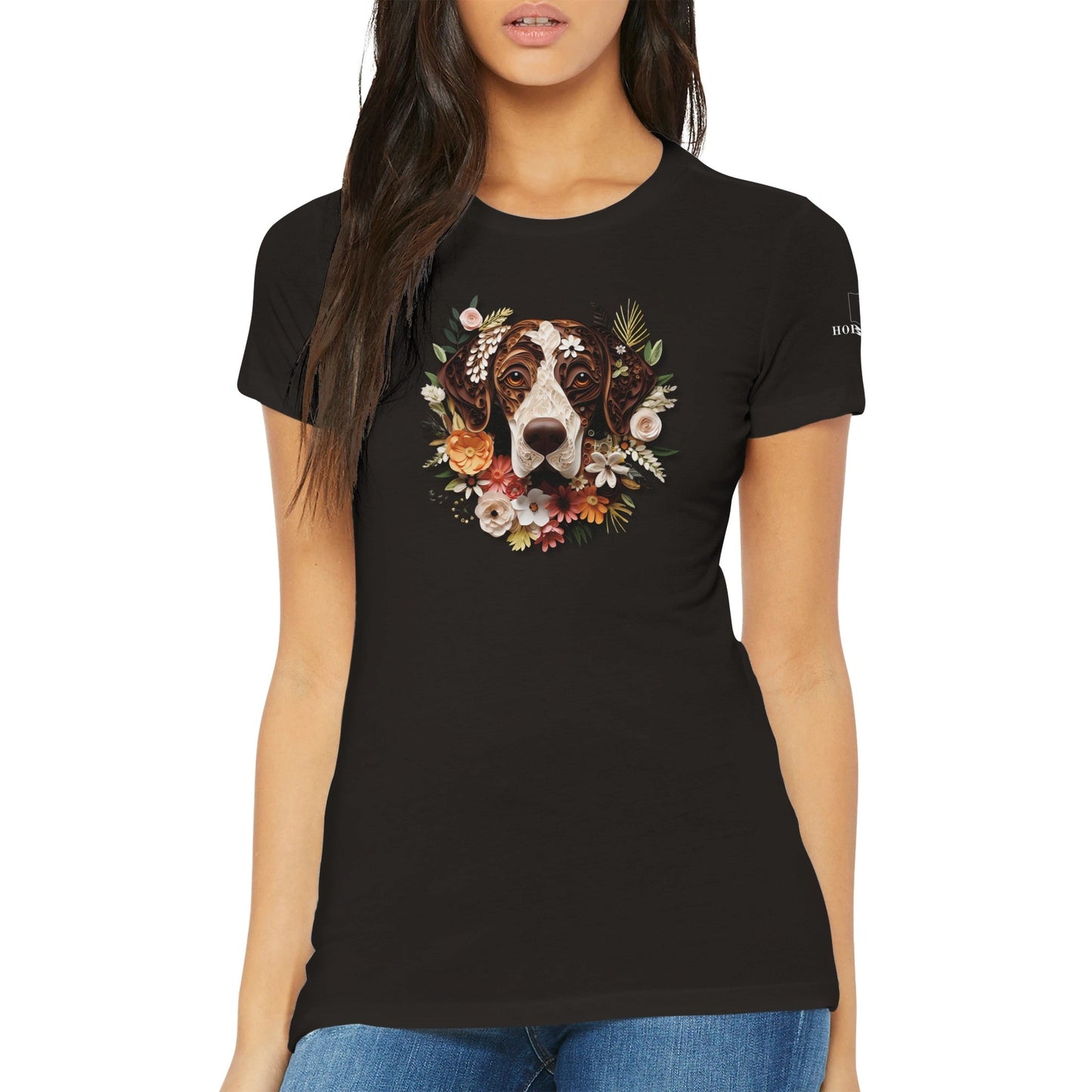 Premium Women's Crewneck T-shirt with a German Short Haired Pointer Paper Quilling Design - Hobbster