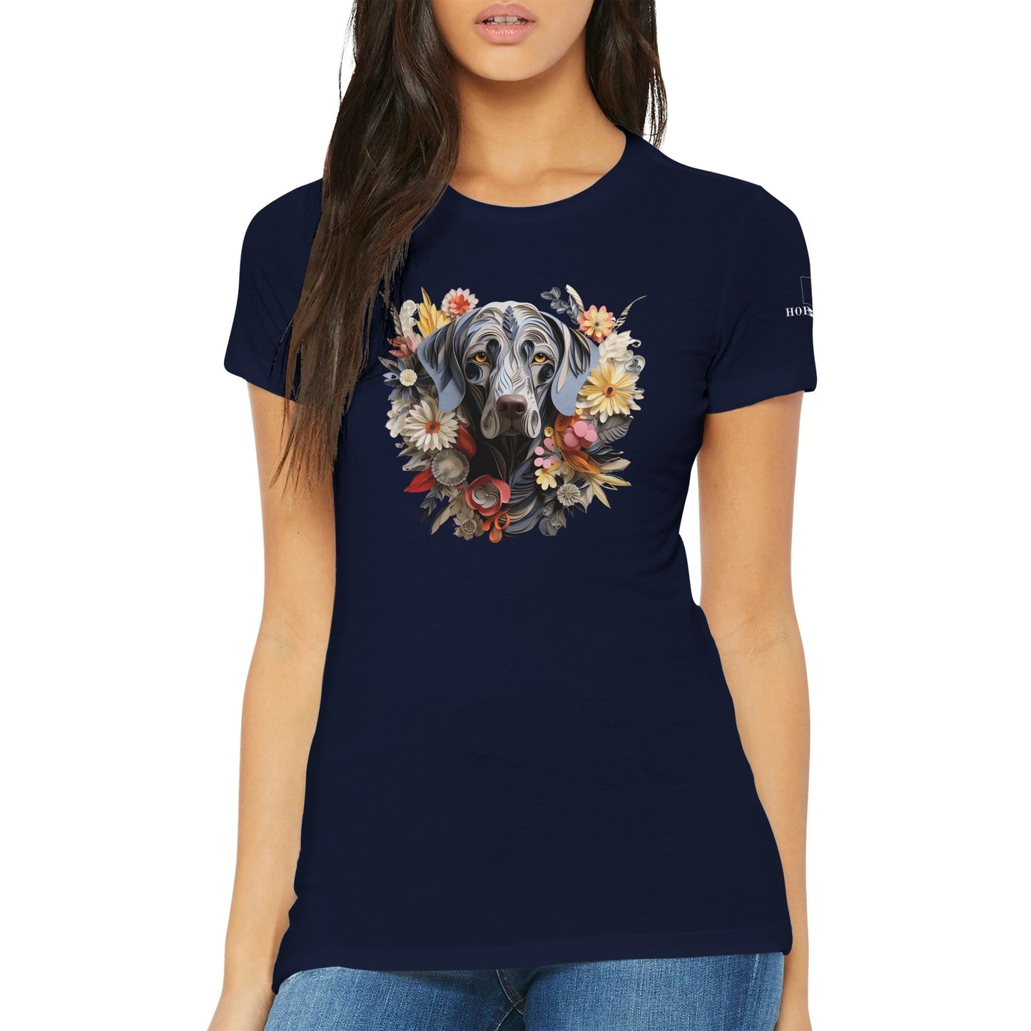 Premium Women's Crewneck T-shirt with a Weimaraner Paper Quilling Design - Hobbster