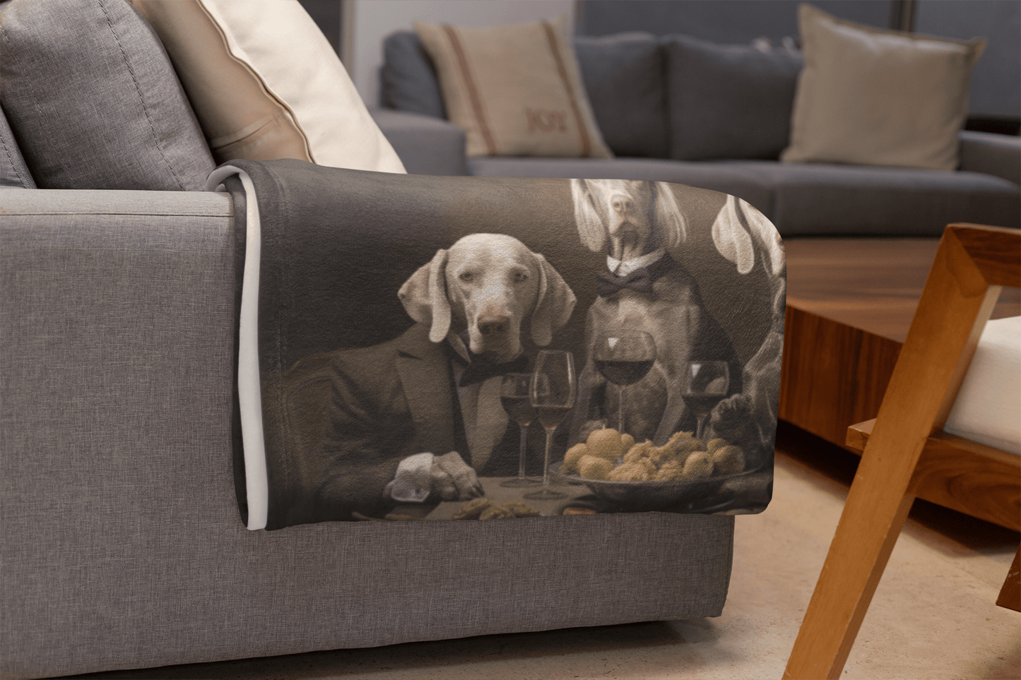 Sherpa Fleece Blanket in White with vintage Weimaraner design 50"x60" - Hobbster