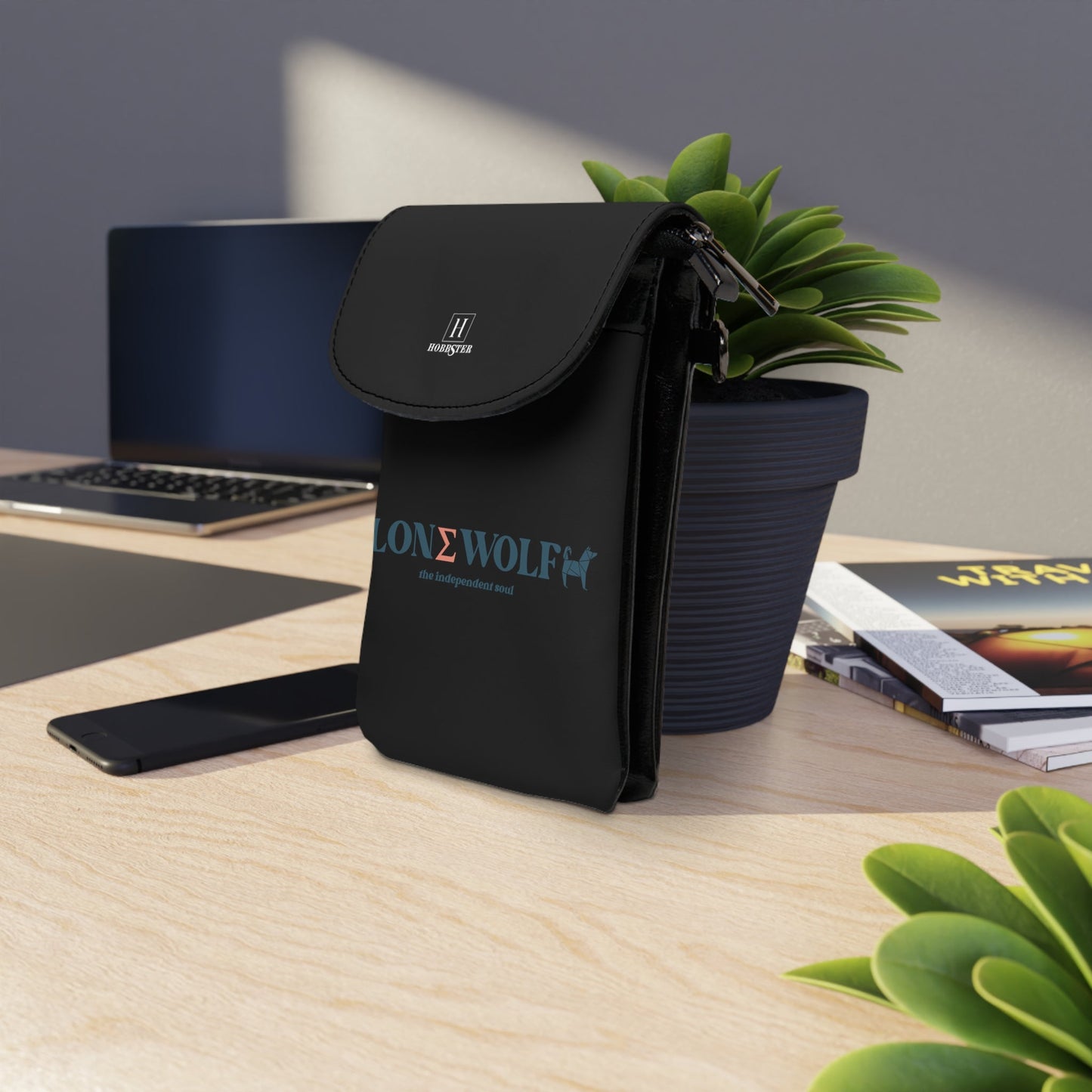 Small Leather Wallet for Cell Phone and Cards with Lone Wolf Slogan - Hobbster