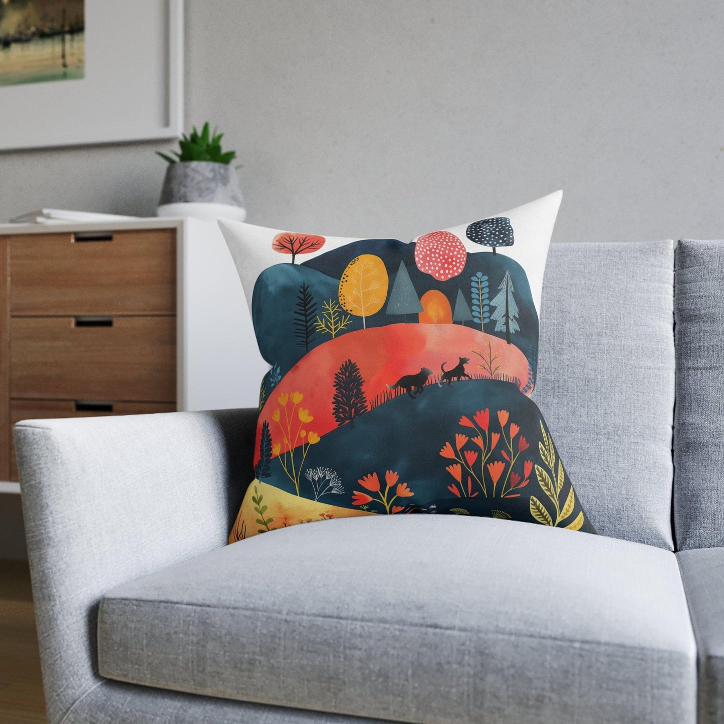 Square Pillow featuring Cottage Core Dogs Running Free Design - Hobbster