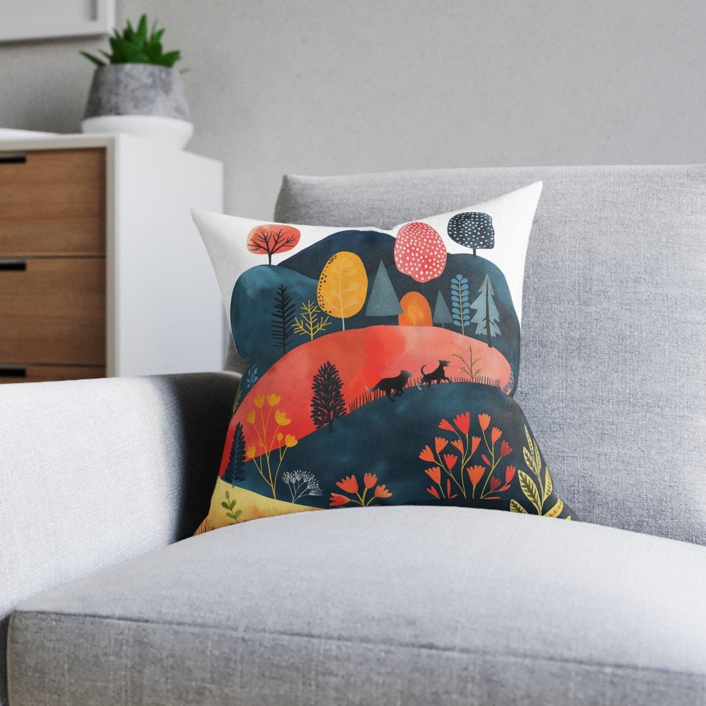Square Pillow featuring Cottage Core Dogs Running Free Design - Hobbster