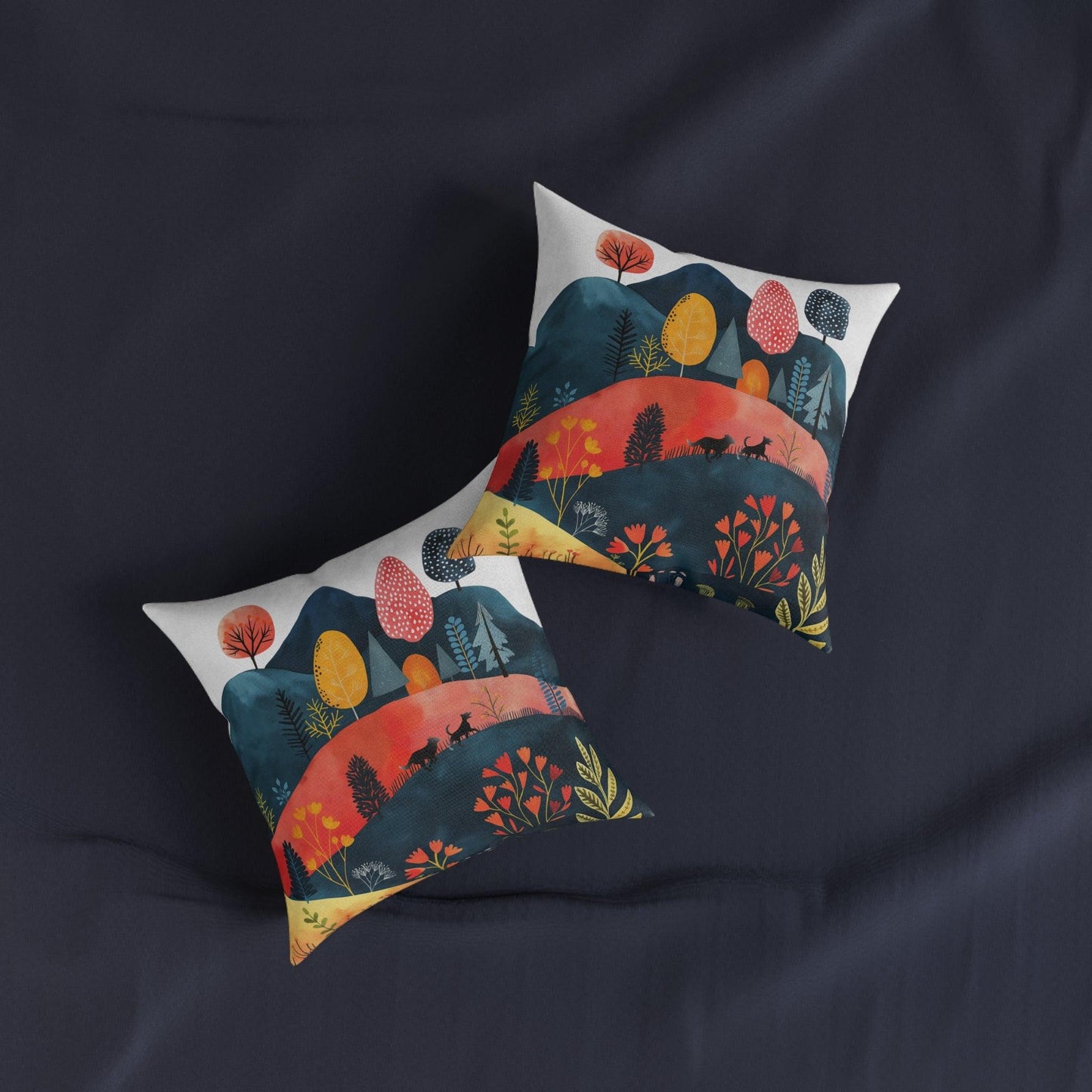 Square Pillow featuring Cottage Core Dogs Running Free Design - Hobbster